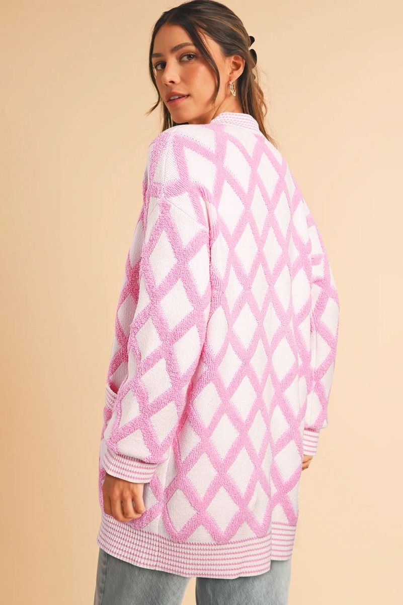Pink Rhombus Pattern Knit Open Front Pocketed Cardigans - Love Salve